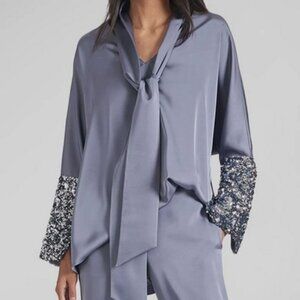 Sachin & Babi Reid Cool Gray Satin Crepe Tie Neck Sequin Blouse